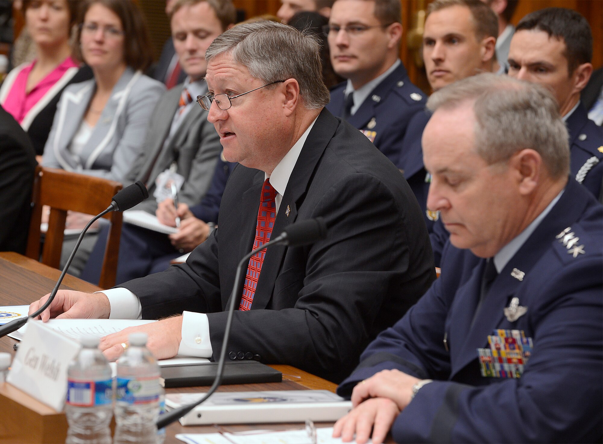 Secretary of the Air Force Michael Donley gives his opening statement during a hearing with the House Armed Services Committee, April 12, 2013, in Washington, D.C.  Both Donley and Air Force Chief of Staff Gen. Mark A. Welsh III were on Capitol Hill to discuss the Air Force's fiscal 2014 budget.  (U.S. Air Force photo/Scott M. Ash)