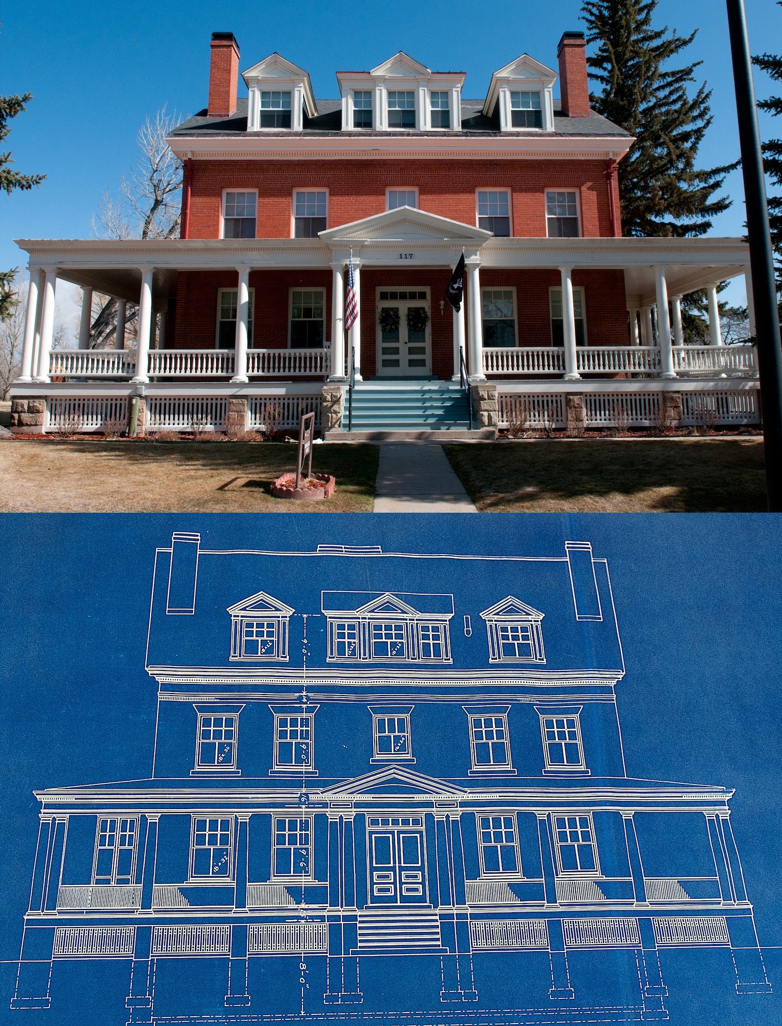This composite illustration compares the original 1908 blueprint for the commanding officer’s quarters with how the structure, which is the home of the 90th Missile Wing commander, looks today. The original blueprint is among the thousands of historical documents and artifacts stored in the F. E. Warren Air Force Base curation facility. (U.S. Air Force photo illustration by R.J. Oriez)