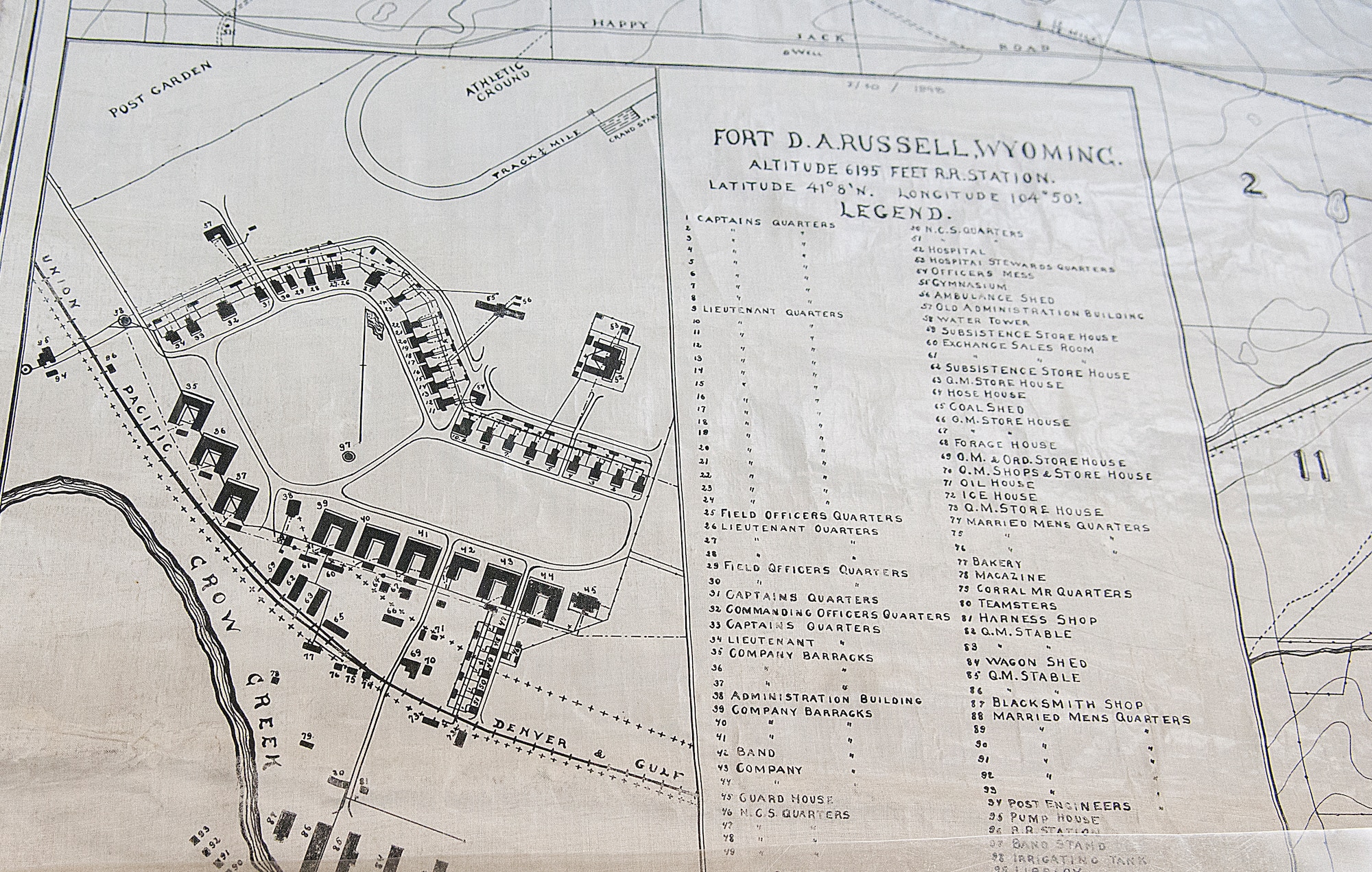 A map of Fort D.A. Russell dating back to 1898 shows the early layout of the installation that was to become F. E. Warren Air Force Base. The map is one of more than 5000 historical documents archived in the F. E. Warren curation facility known as “the bunker.” (U.S. Air Force photo by R.J. Oriez) 