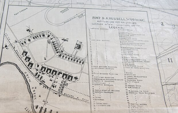 A map of Fort D.A. Russell dating back to 1898 shows the early layout of the installation that was to become F. E. Warren Air Force Base. The map is one of more than 5000 historical documents archived in the F. E. Warren curation facility known as “the bunker.” (U.S. Air Force photo by R.J. Oriez) 