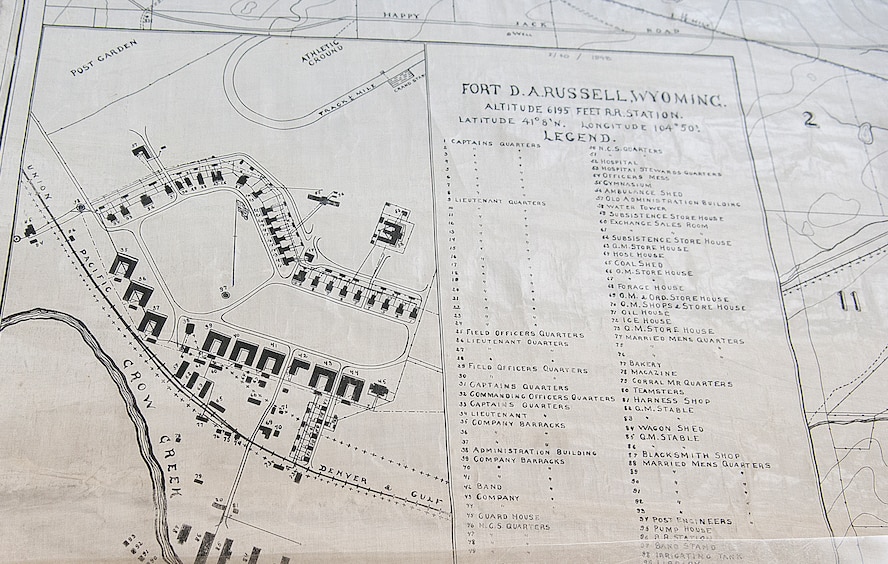 A map of Fort D.A. Russell dating back to 1898 shows the early layout of the installation that was to become F. E. Warren Air Force Base. The map is one of more than 5000 historical documents archived in the F. E. Warren curation facility known as “the bunker.” (U.S. Air Force photo by R.J. Oriez) 