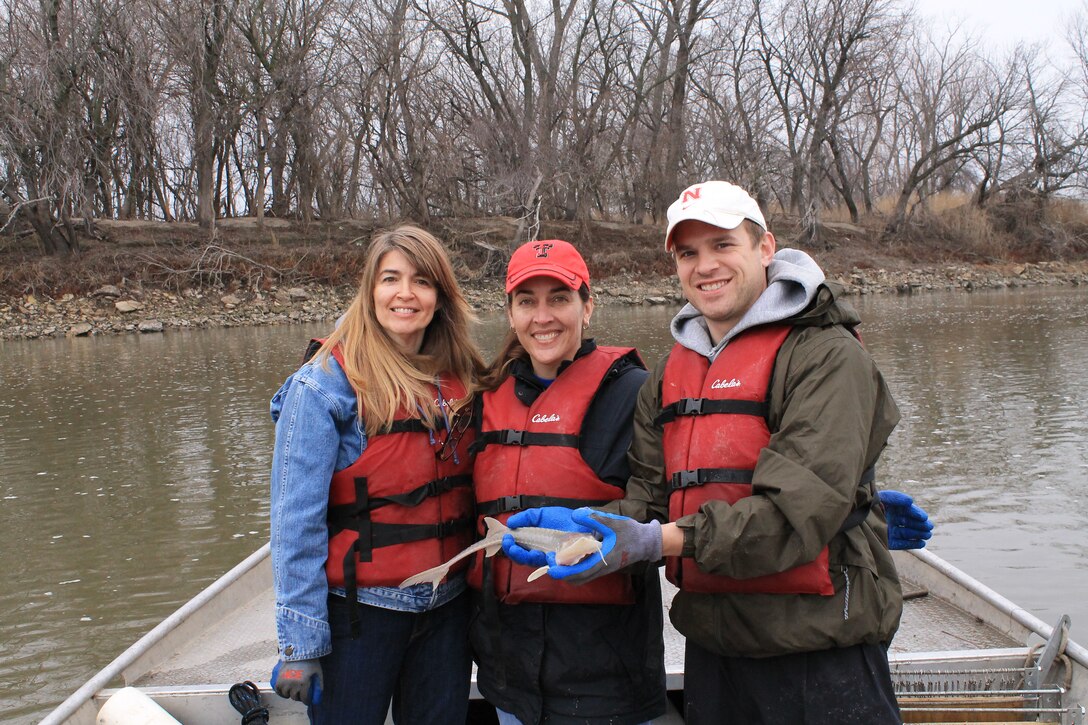 Omaha District Leadership Development Program participants, Candace Akins, Eileen Williamson and Josh Melliger display the pallid sturgeon they caught during broodstock collection efforts with the Nebraska Game and Parks Commission, April 8. The pallid sturgeon measured 585 millimeters long and weighed 735 grams – not big enough to be reproduction-ready. It was returned to the river with the rest of the catch. A pallid should be at least 800 mm long before it is shipped to the hatchery.