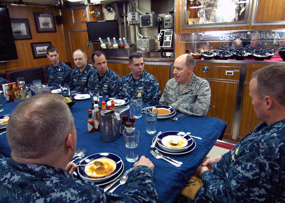 BANGOR, Wash. (April 12, 2013) Gen C. Robert Kehler, commander of U.S. Strategic Command, has lunch with officers and senior enlisted personnel from the Blue Crew of USS Alabama (SSBN 731) during a visit to Naval Base Kitsap-Bangor. (U.S. Navy photo by Lt. Ed Early/Released)