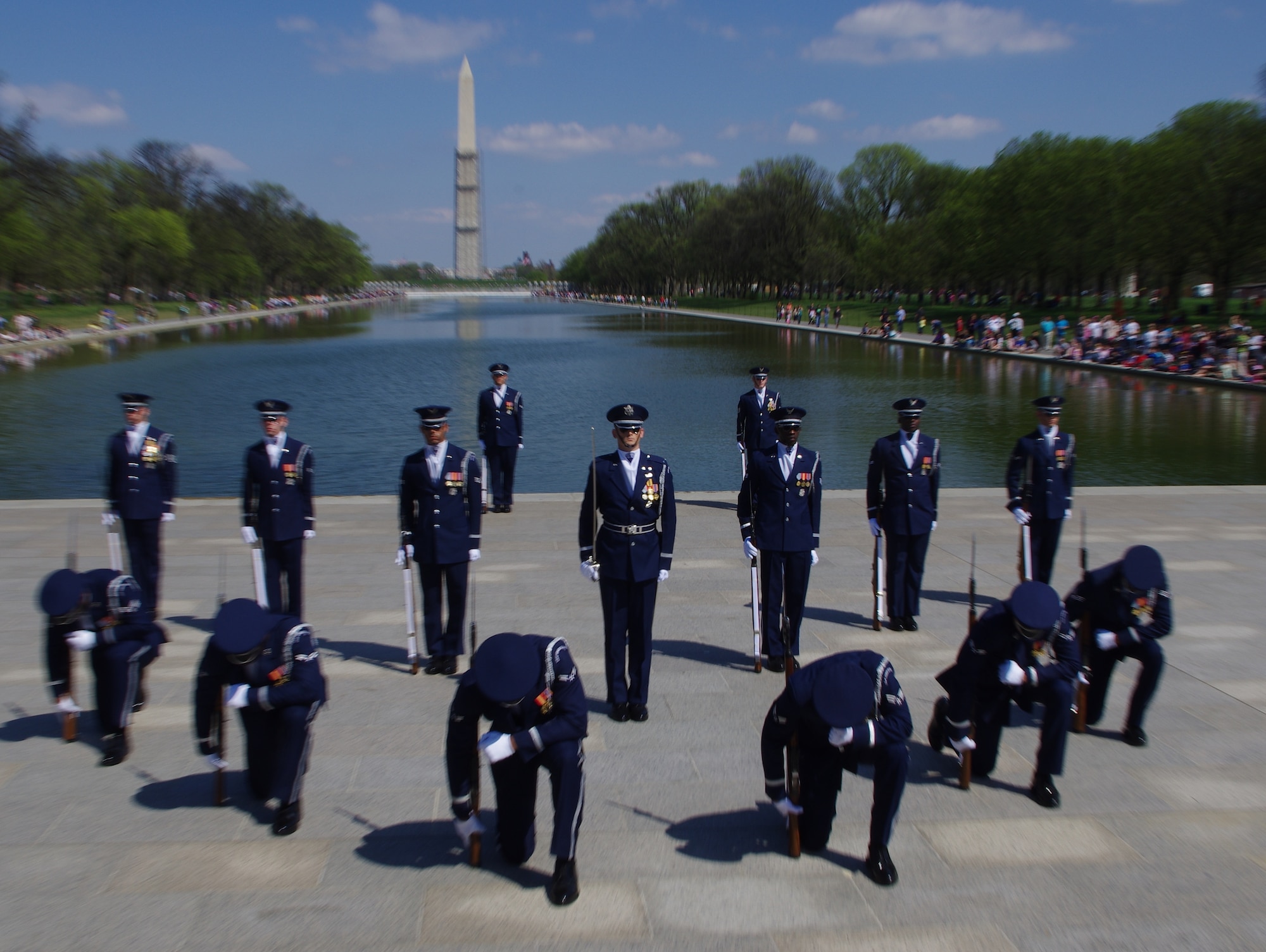 The U.S. Air Force Honor Guard Drill Team competes during the joint service drill team exhibition April 13, 2013, at the Lincoln Memorial  in Washington, D.C. Drill teams from all four branches of the U.S. armed forces  and the U.S. Coast Guard displayed their skills at the event that celebrated U.S. military heritage at the National Cherry Blossom Festival. (U.S. Air Force photo/Airman 1st Class Alexander W. Riedel)
