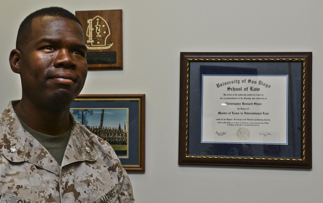 Lt. Col. Christopher B. Shaw, Marine Corps Base Quantico Staff Judge Advocate, poses for a photograph in his office at Lejeune Hall on April 11, 2013. Shaw received his law degree at University of San Diego School of Law.