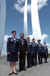 The Air National Guard's Outstanding Airmen of the Year stand at the U.S. Air Force Memorial in Arlington, Va., June 18, from left, Senior Airman Charity Orriss, Airman of the Year; Staff Sgt. Scott Geisser, Noncomissioned Officer of the Year; Senior Master Sgt. Donna Goodno, Senior NCO of the Year; Master Sgt. Daniel Mitchell Jr., First Sergeant of the Year; Senior Master Sgt. Rolando Garza, Honor Guard Member of the Year; Tech. Sgt. Raquel Soto, Honor Guard Program Manager of the Year.