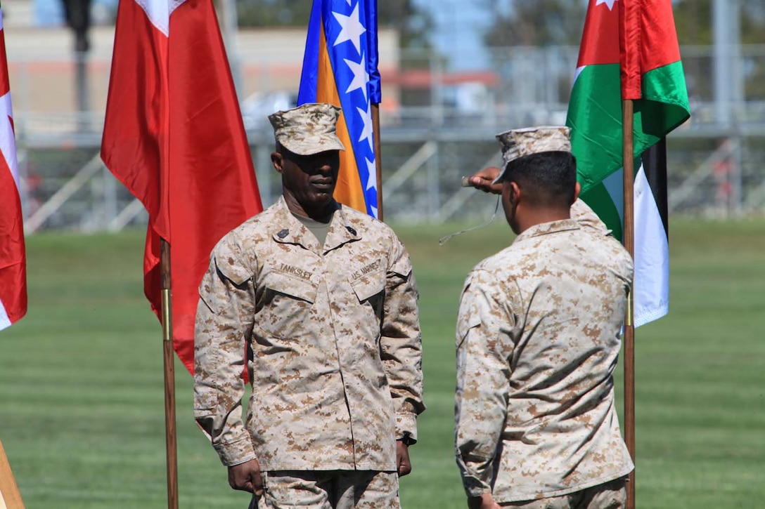 Cpl. Luis Palomino, an administration specialist with Combat Logistics Regiment 15, presents a dog tag to Sgt. Maj. Harrison Tanksley, the sergeant major of I Marine Expeditionary Force (Forward), during a memorial service for Regional Command (Southwest) at Camp Pendleton, Calif., April 11. Seventy-six Marines presented dog tags which each bore the name of one of the service members killed in combat operations during the I MEF (FWD) deployment in Afghanistan 2012-2013. The 76 Marines draped the dog tag on the battle cross for the service members after it was presented to the sergeant major. Palomino, 21, is from Houston, Texas.