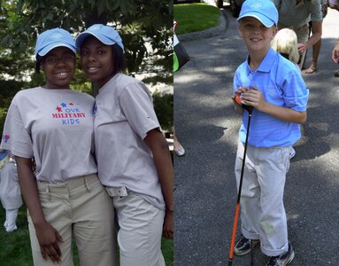 With a father in the Virginia National Guard who was deployed overseas in the Global War on Terrorism, Precious, 17, and Joy, 16, Rucker from Richmond, Va., (left) were honored at the opening ceremonies of the AT&T National Golf Tournament at the Congressional Country Club in Bethesda, Md., July 2. With a father in the New Jersey Air National Guard deployed overseas in the Global War on Terrorism, 9-year-old Jeffrey Dahl (right) was honored with hitting the ceremonial first shot with pro golfer Fred Couples at the AT&T National Golf Tournament at the Congressional Country Club in Bethesda, Md., July 2.