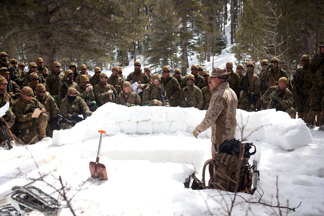 MOUNTAIN WARFARE TRAINING CENTER, BRIDGEPORT, Calif. - Staff Sgt. Michael Gallucci, a Mountain Warfare Training Center team leader instructor, teaches Marines with Golf Company, 2nd Battalion, 3rd Marine Regiment, the T trench shelter method during a basics for survival training course at MWTC in Bridgeport, Calif., April 5, 2013. (U.S. Marine Corps photo by Lance Cpl. Suzanna Lapi)