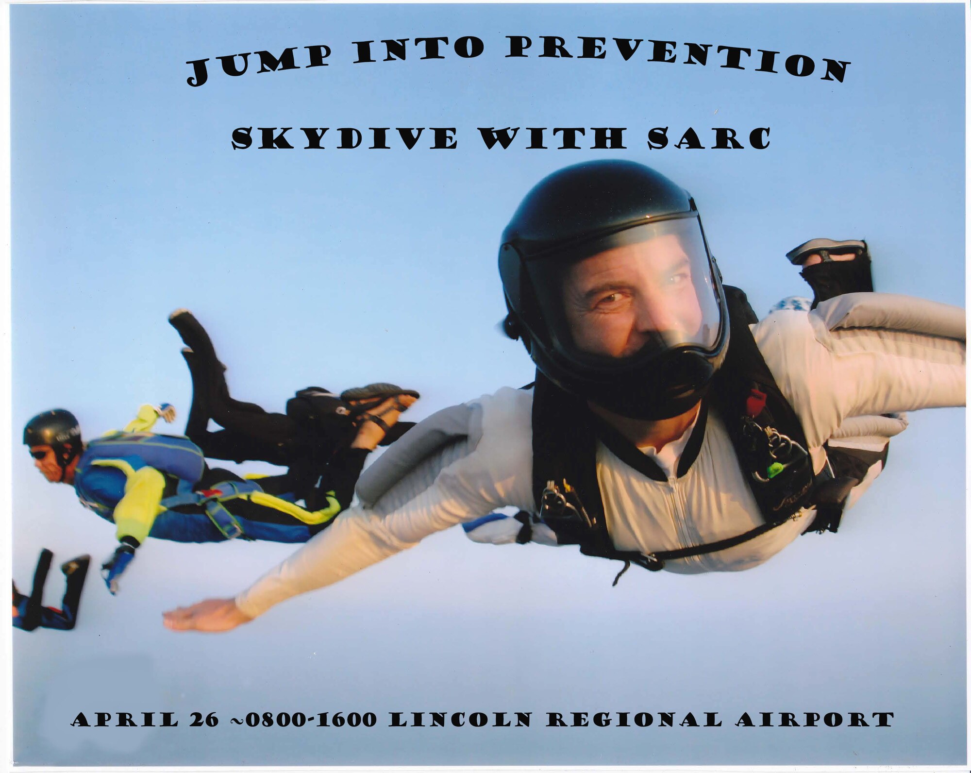 Major Holt Durham, 713th COS deputy director of communications,  is a skydiving instructor with more than 4000 jumps. Holt will be participating in the 9RW Jump into Prevention event at the Lincoln Regional Airport, April 26. (Courtesy Graphic)