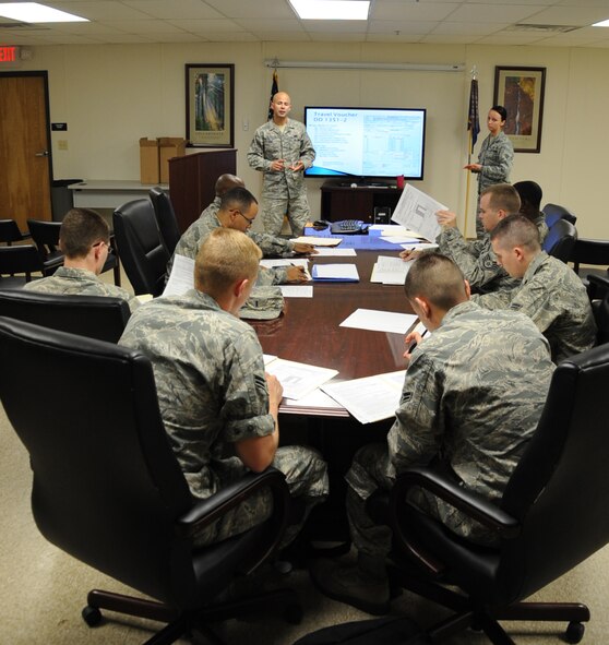 Senior Airman Luis Pena, 2nd Comptroller Squadron, gives an in-processing brief to Airmen on Barksdale Air Force Base, La., April 15, 2013. The brief is used to help Airmen with their travel vouchers. The Finance Section is open Monday to Friday 9 a.m. to 3 p.m. (U.S. Air Force photo/Senior Airman Sean Martin)