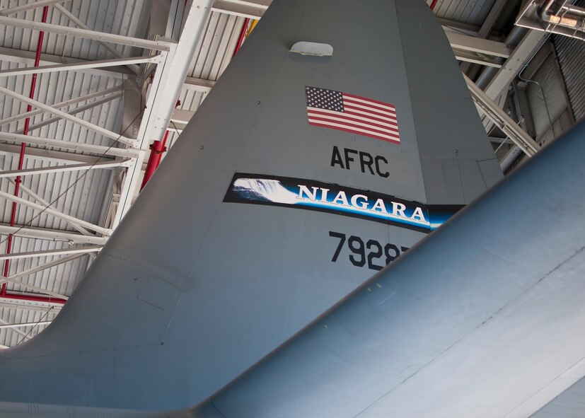 The tailflash of a 914th Airlift Wing C-130 undergoing maintenance at the Niagara Falls Air Reserve Station, April 15, 2013, Niagara Falls, NY. (U.S. Air Force photo by Tech. Sgt. Joseph McKee)