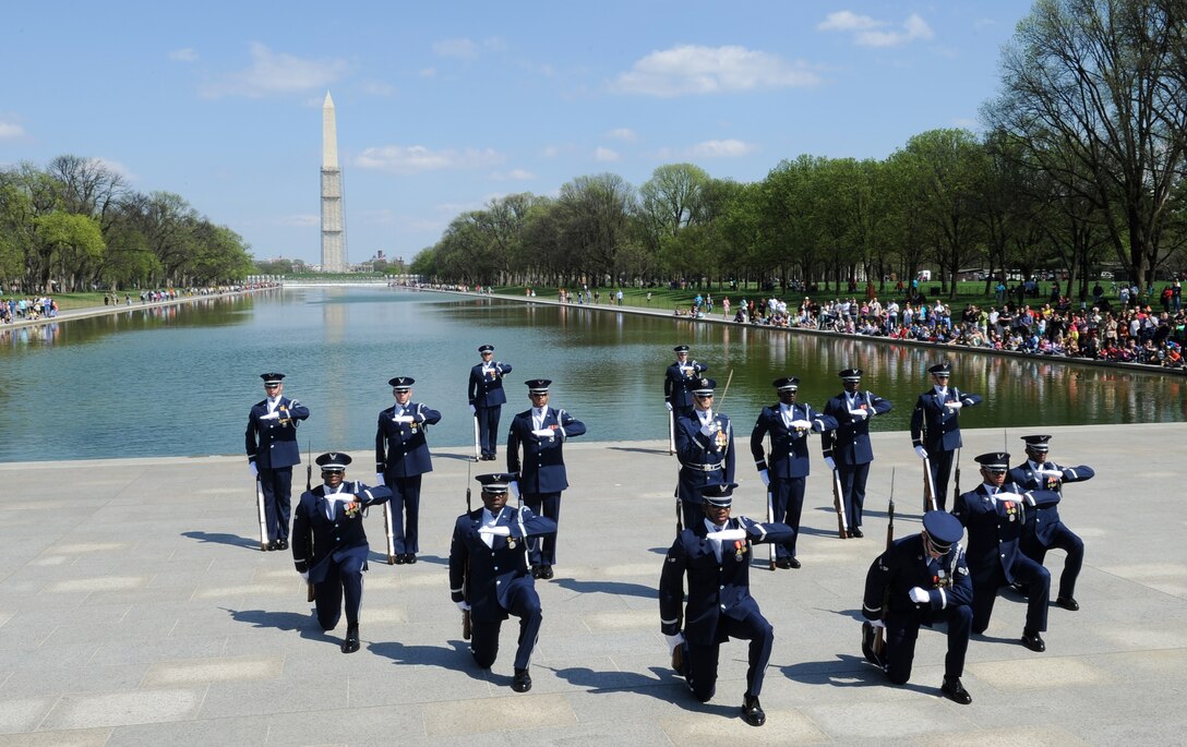 The U.S. Air Force Honor Guard Drill Team performs during the 2013 Joint Service Drill Exhibition at the Lincoln Memorial in Washington, D.C., April 13. The exhibition was held to showcase excellence and precision within our Armed Forces. (U.S. Air Force photo/ Staff Sgt. Nichelle Anderson)