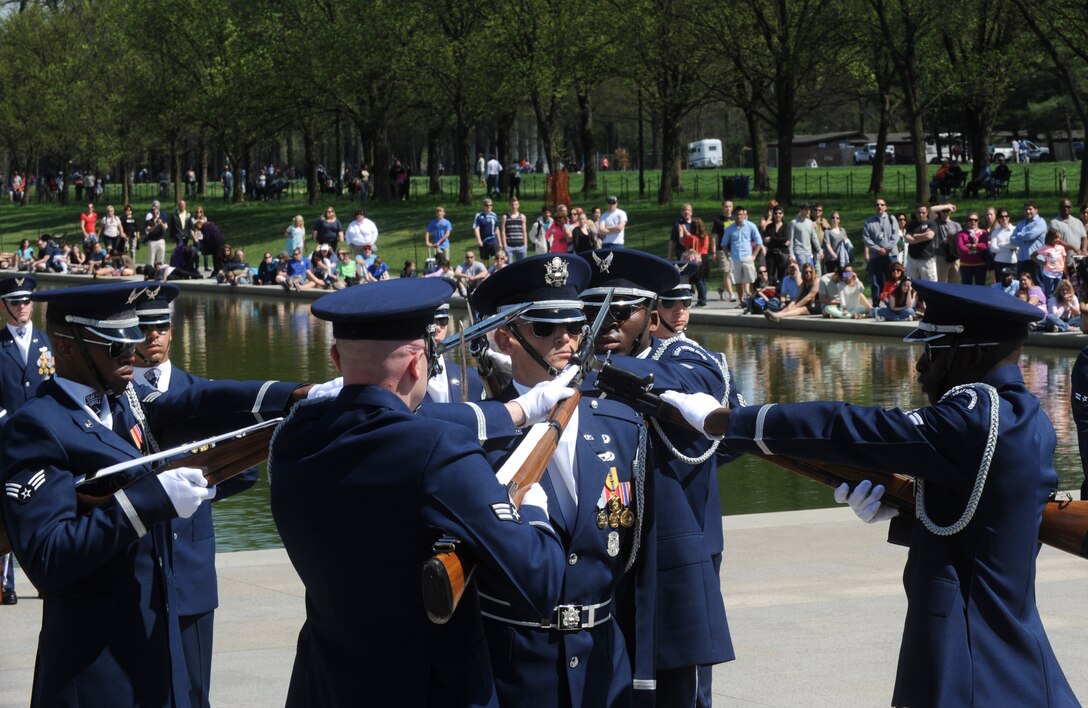 The U.S. Air Force Honor Guard Drill Team performs during the 2013 Joint Service Drill Exhibition at the Lincoln Memorial in Washington, D.C., April 13. The exhibition was held to showcase excellence and precision within our Armed Forces. (U.S. Air Force photo/ Staff Sgt. Nichelle Anderson)