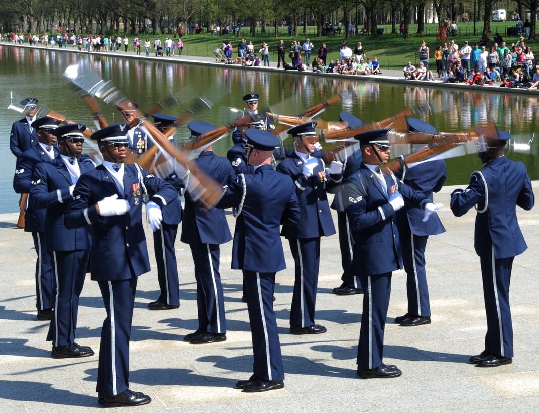 The U.S. Air Force Honor Guard Drill Team performs during the 2013 Joint Service Drill Exhibition at the Lincoln Memorial in Washington, D.C., April 13. The exhibition was held to showcase excellence and precision within our Armed Forces. (U.S. Air Force photo/ Staff Sgt. Nichelle Anderson)