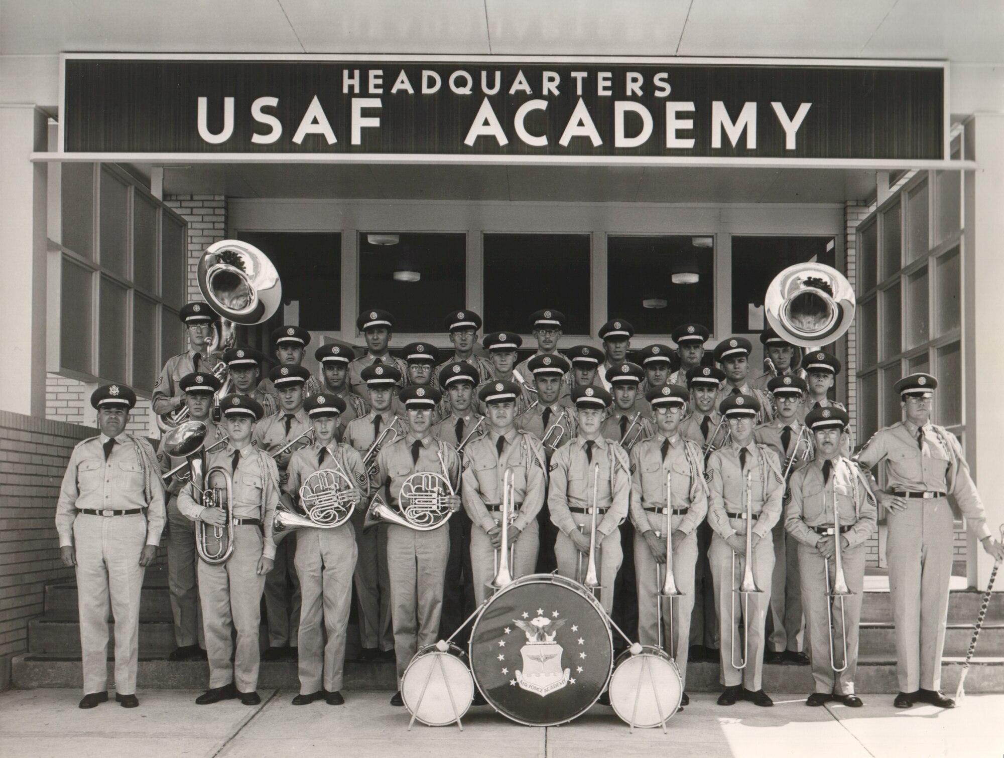Forrest Ray, composer of the USAF Academy Fight Song, pictured with 'The 55ers" in June, 1955. Ray is the Tubist in the fourth row on the left. 
