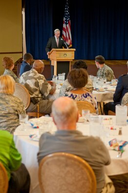 Rabbi John Linder of Temple Solel in Paradise Valley speaks to attendees at the Days of Remembrance luncheon held Monday on Luke Air Force Base. Rabbi Linder spoke about the significance of the day and how we can remember and honor both the lost and the survivors of the Holocaust. (U.S. Air Force photo/Staff Sgt. C.J. Hatch)