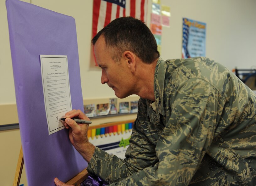 U.S Air Force Col. Billy Thompson, 23d Wing commander, signs a proclamation for Month of Military Child and Child Abuse Prevention Month at the Child Development Center April 12, 2013, at Moody Air Force Base, Ga. The proclamation helps raise awareness on children’s sacrifices, courage and rights as human beings. (U.S. Air Force photo by Airman Alexis Grotz/Released)