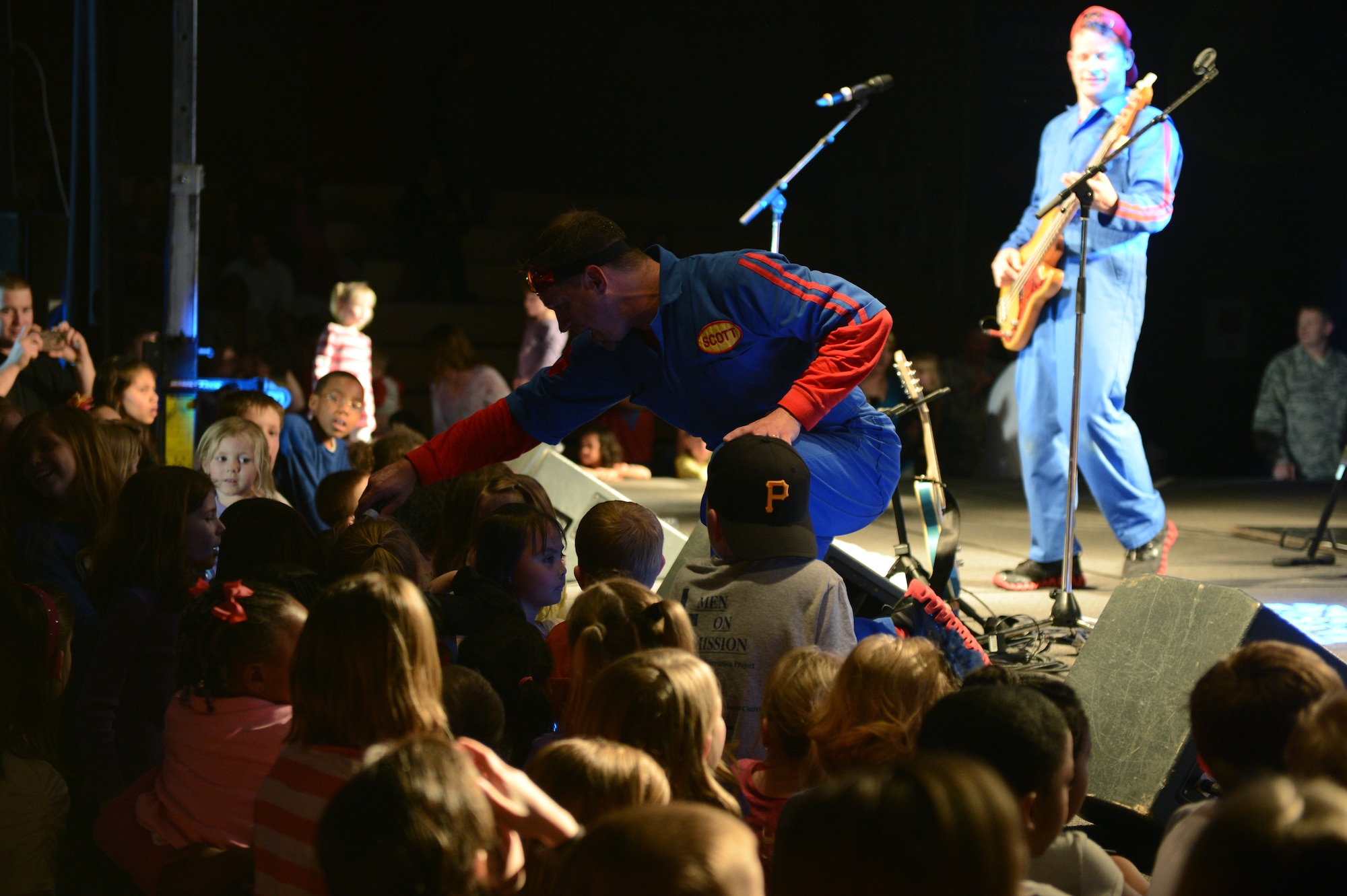 SPANGDAHLEM AIR BASE, Germany – Scott Durbin interacts with the audience at the Skelton Memorial Fitness Center April 11, 2013. Imagination Movers originated in New Orleans and, as of 2013, has filmed three television seasons for Playhouse Disney. (U.S. Air Force photo by Airman 1st Class Kyle Gese/Released)