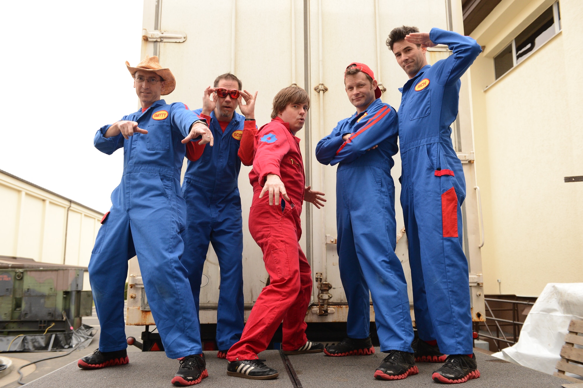 SPANGDAHLEM AIR BASE, Germany – Members of the Imagination Movers group pose for a photo at the Skelton Memorial Fitness Center April 11, 2013. Imagination Movers is an educational children’s band that began in 2003 when a group of friends decided to write songs after putting their children to bed. Spangdahlem was the first stop for the Armed Forces Entertainment and the U.S. Navy-sponsored tour through Europe. (U.S. Air Force photo by Airman 1st Class Kyle Gese/Released)