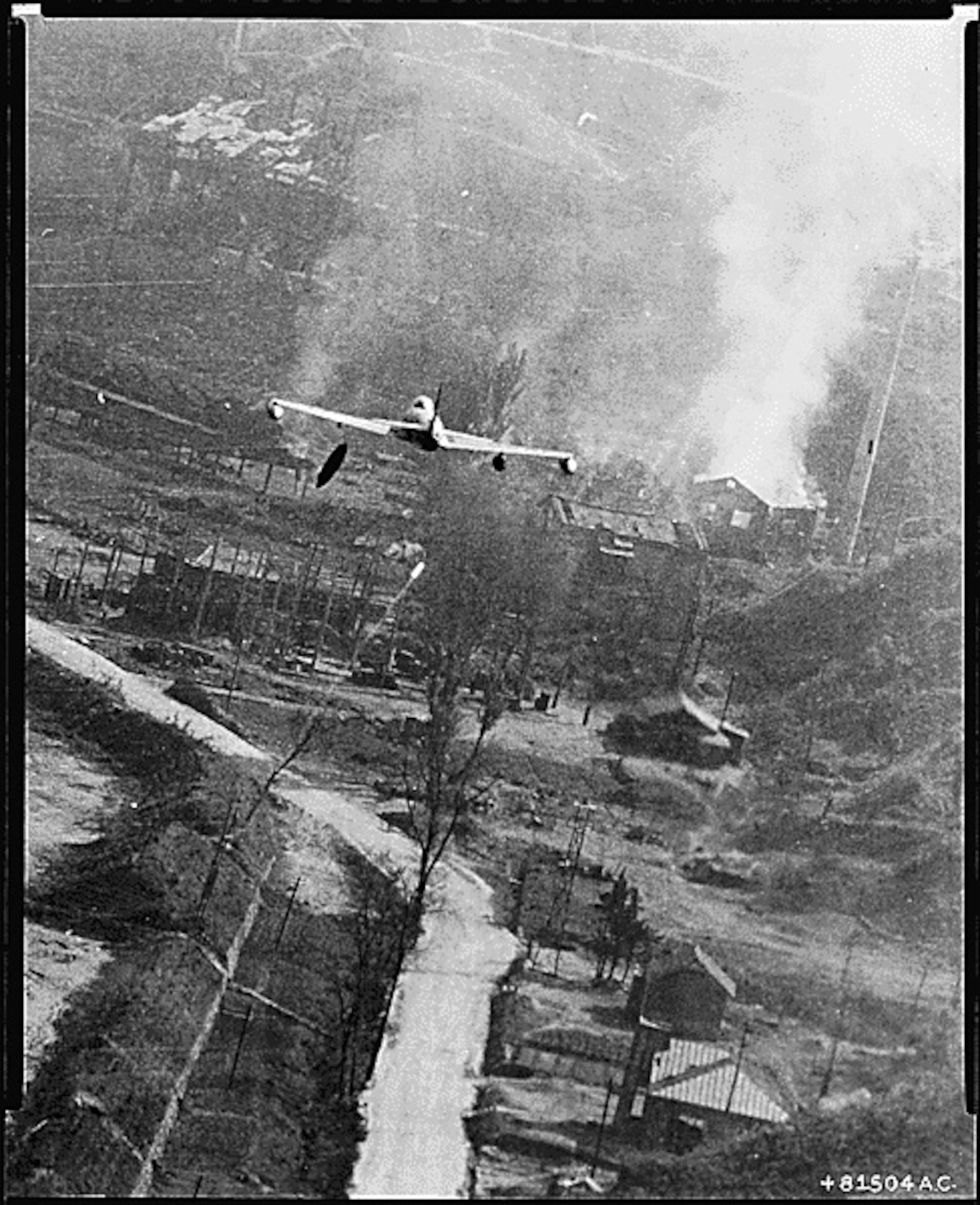 An Air Force F-80 Shooting Star fighter-bomber involved in an air strike over Suan, North Korea, in the largest air strike of the Korean Conflict on May 8, 1952 (Courtesy of the National Archives and Records Administration)

