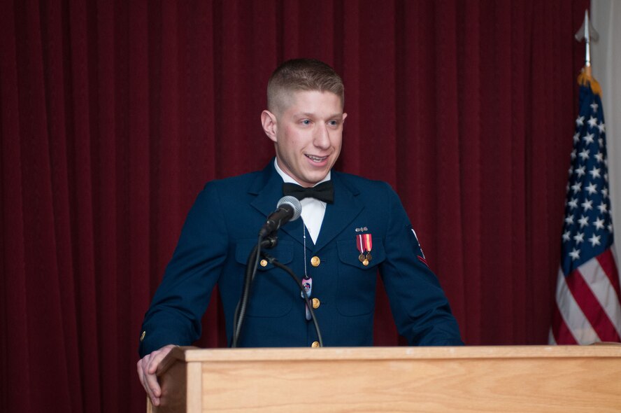 HANSCOM AIR FORCE BASE, Mass. - Petty Officer 3rd Class Damien Renzi, Airman Leadership School Class 13B John L. Levitow award recipient, speaks to attendees at the ALS Class 13B graduation at the Minuteman Commons April 5. A total of 12 Airmen and Coast Guardsmen were recognized for completing the next step in professional military education. (U.S. Air Force photo by Rick Berry)