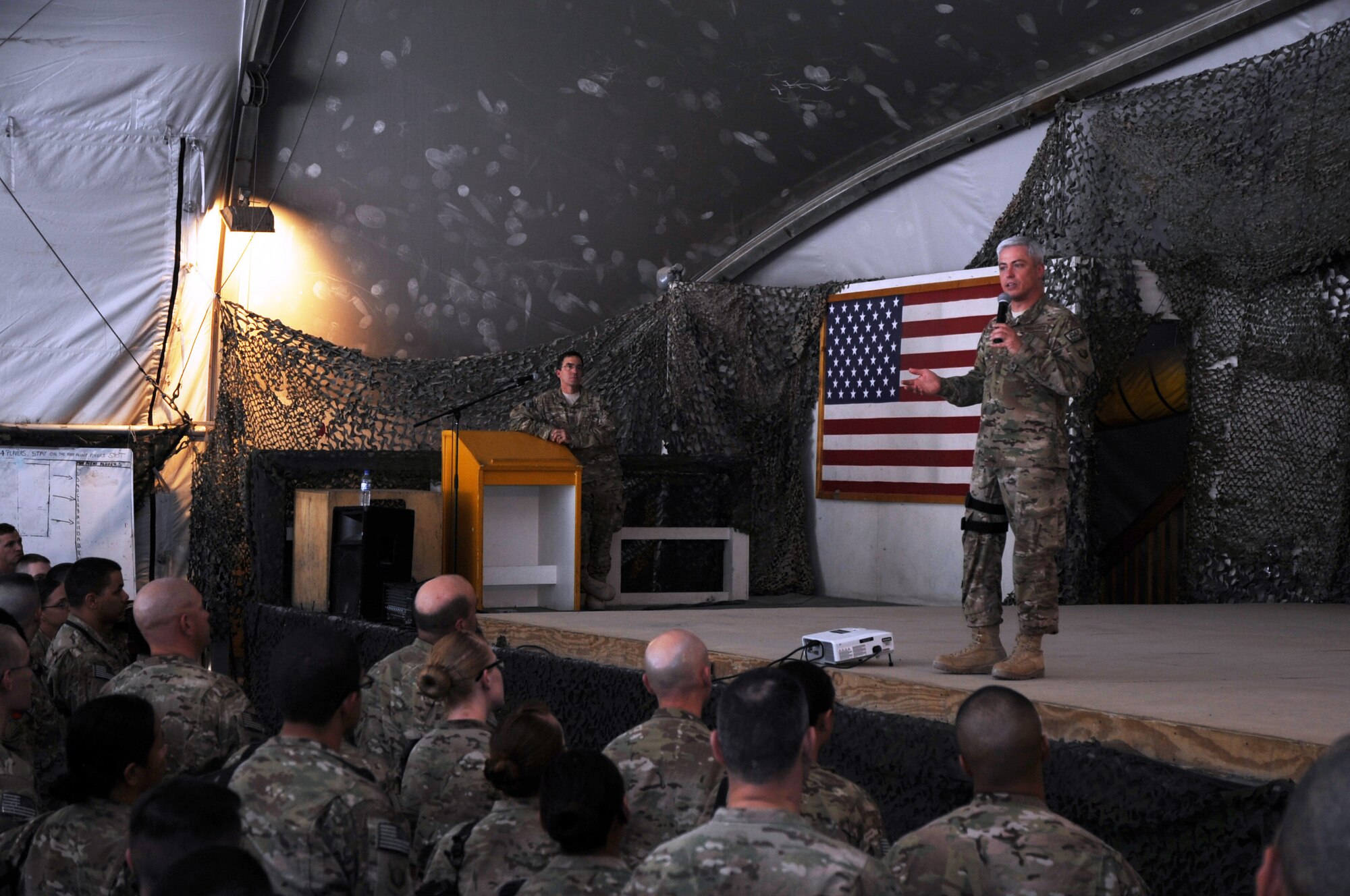 U.S. Air Forces Central Command Chief Master Sgt. Robert Sealey speaks at an Airman's Call on Bagram Airfield, Afghanistan, April 14, 2013. Sealey spoke about issues affecting the AFCENT area of operations and the Air Force at large. (U.S. Air Force photo/Staff Sgt. David Dobrydney)
