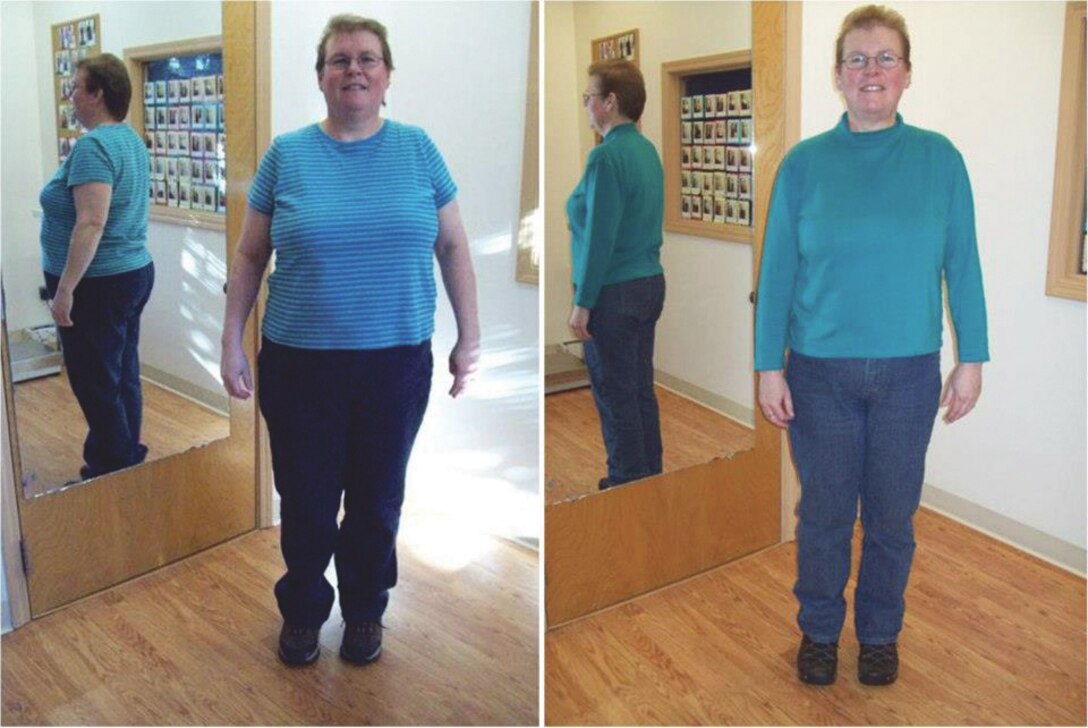 Christine Morgan, cost estimator technician in the Cost Engineering Branch of the Alaska District, poses before and after her weight loss. Morgan lost 70 pounds in a six-month period after first learning to cross-country ski in the winter season of 2011.
