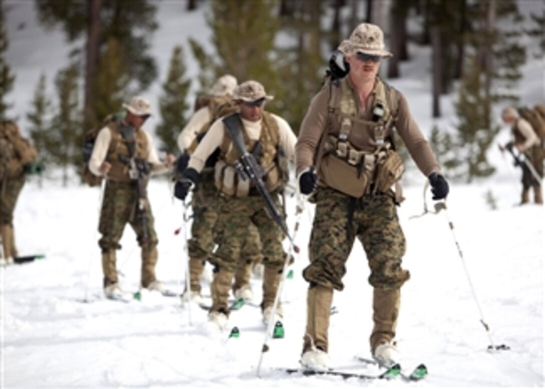U.S. Marine Corps Lance Cpl. Justin Hoppis skis with his fellow Marines during ski tour training conducted at the Mountain Warfare Training Center in Bridgeport, Calif., on April 3, 2013.  Hoppis is a machine gun squad leader with Echo Company, 2nd Battalion, 3rd Marine Regiment.  