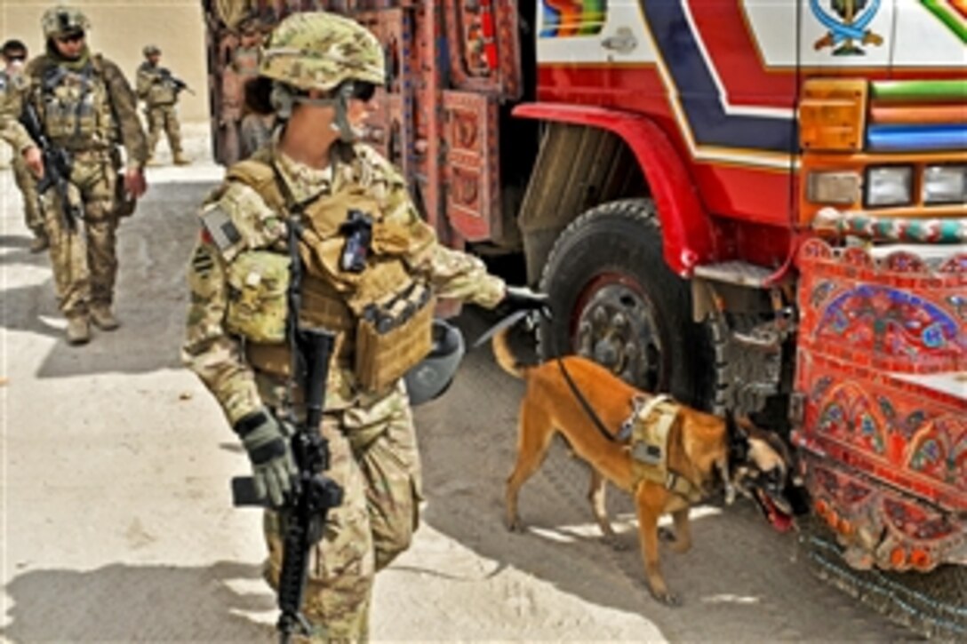 U.S. Army Sgt. Nichole D. Sharp and her military working dog, Hatos, search a truck while assessing security in the new customs yard under construction near the Afghanistan-Pakistan border in the Spin Boldak district in Afghanistan's Kandahar province, April 8, 2013. Sharp, a military police officer, is assigned to the 3rd Infantry Division.