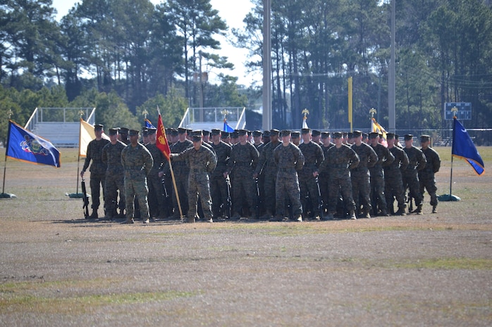 6th Marine Regiment Headquarters Company in formation during the change of command ceremony. 