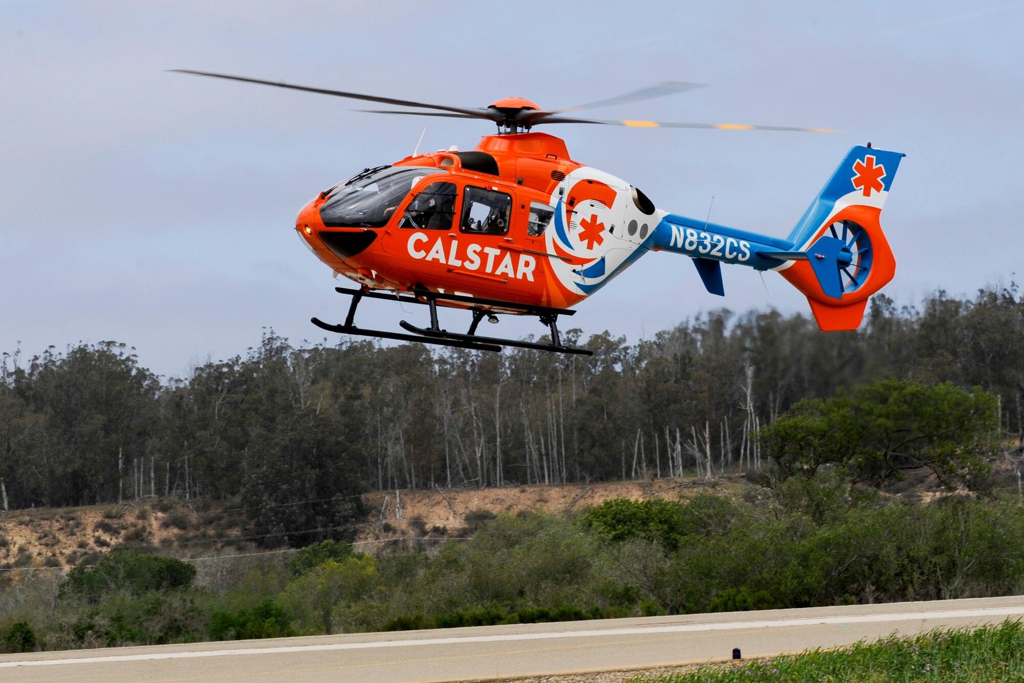 LOMPOC, Calif. – A California Shock Trauma Air Rescue flight crew lands at the Lompoc Airport for training at the Lompoc Airport Thursday, April 11, 2013. Vandenberg Fire Department members trained with the CALStar flight crew to ensure patients can get to a trauma unit within the 60 minute window known as the golden hour. (U.S. Air Force photo/Airman Yvonne Morales)