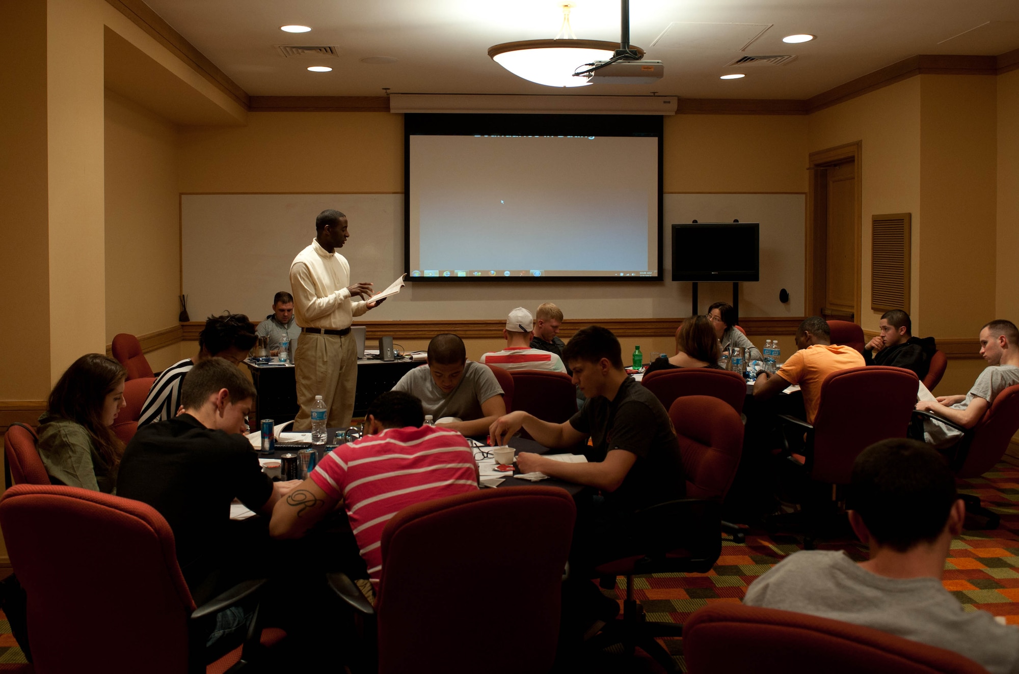 Capt. Henry Jenkins, 28th Bomb Wing chaplain, provided Ellsworth Airmen with various exercises during a spiritual resiliency training course called “Boundaries in Dating” during a singles retreat sponsored by the 28th BW Chapel in Denver, April 7, 2013. The course taught the Airmen skills to set boundaries and create relationships with dating, friends and themselves. (U.S. Air Force photo by Airman 1st Class Zachary Hada/Released)