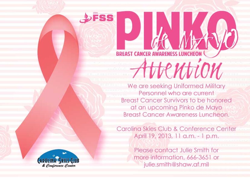 A Pinko de Mayo luncheon is scheduled for 11 a.m. at the Carolina Skies Club and Conference Center, April 19, 2013, Shaw Air Force Base, S.C. For more information, call Julie Smith at 803-666-3651. (U. S. Air Force Graphic by 20th Force Support Squadron Marketing/Released)