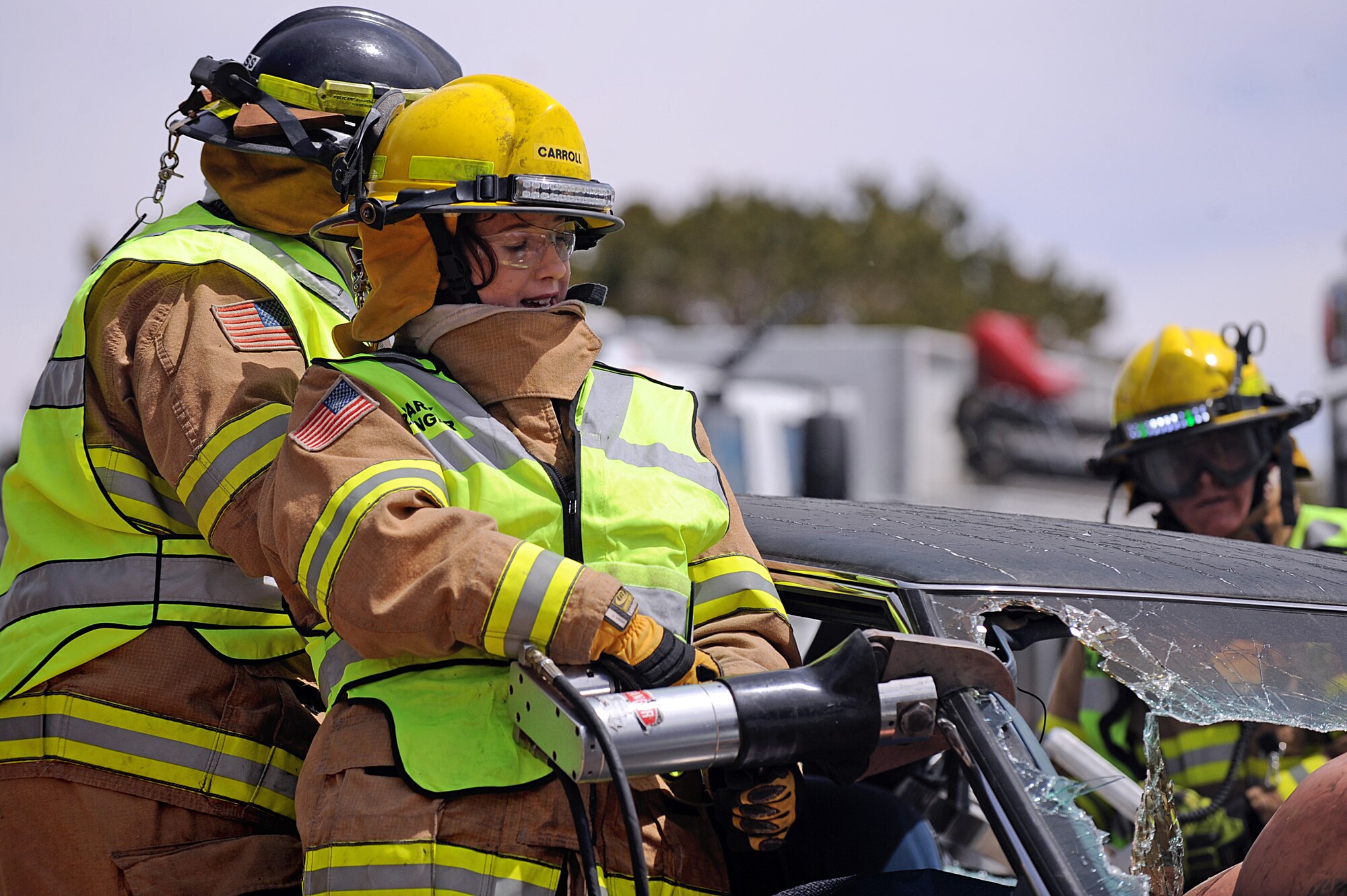 A Grand Canyon fire rescue team uses the jaws of life at the Grand Canyon to rescue casualties from a wreckage as part of a mass casualty exercise during Angel Thunder, April 13, 2013. Angel Thunder is the largest joint service, multinational, interagency combat search and rescue exercise in the world. It is designed to train personnel recovery assets using a variety of scenarios to simulate deployment conditions and contingencies. (U.S. Air Force photo by Airman 1st Class Christine Griffiths/Released)
