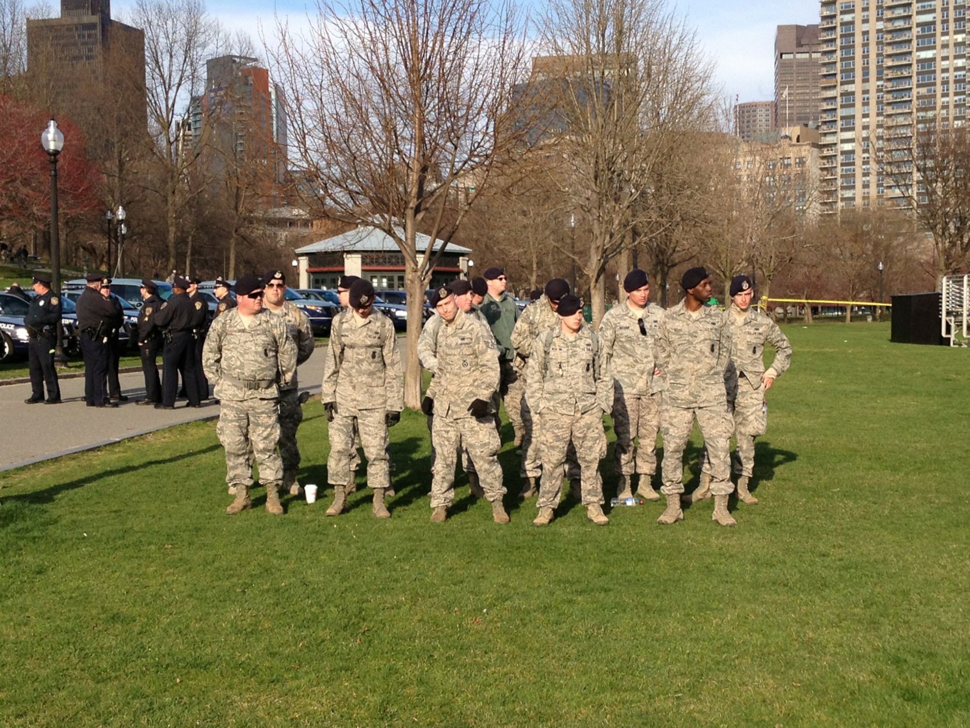 U.S. Airmen with the Massachusetts National Guard muster at Boston Common to receive orders for a coordinated response, in support of civilian authorities in the wake of the marathon bombings in Boston, Mass., April 15 2013. (U.S. Army photo by 2nd Lt. Matthew Feehan/Released)