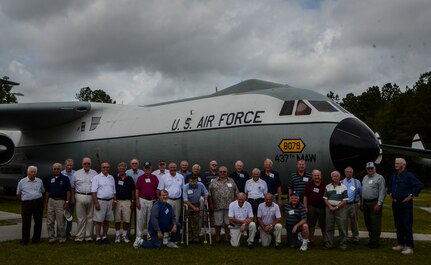 Twenty-eight retired and veteran officers of the 3rd Military Airlift Squadron tour the C-141 Starlifter April 11, 2013, at Joint Base Charleston – Air Base, S.C. The 3rd MAS members where visiting JB Charleston – Air Base for a reunion. The group compared the older planes they flew to the new C-17 Globemaster III during a tour of the aircraft. Pilots from the 3rd MAS were stationed at Charleston Air Force Base from 1966 to 1973 and flew the C-141, C-124 and the C-5 Galaxy. (U.S. Air Force photo/Airman 1st Class Jared Trimarchi) 