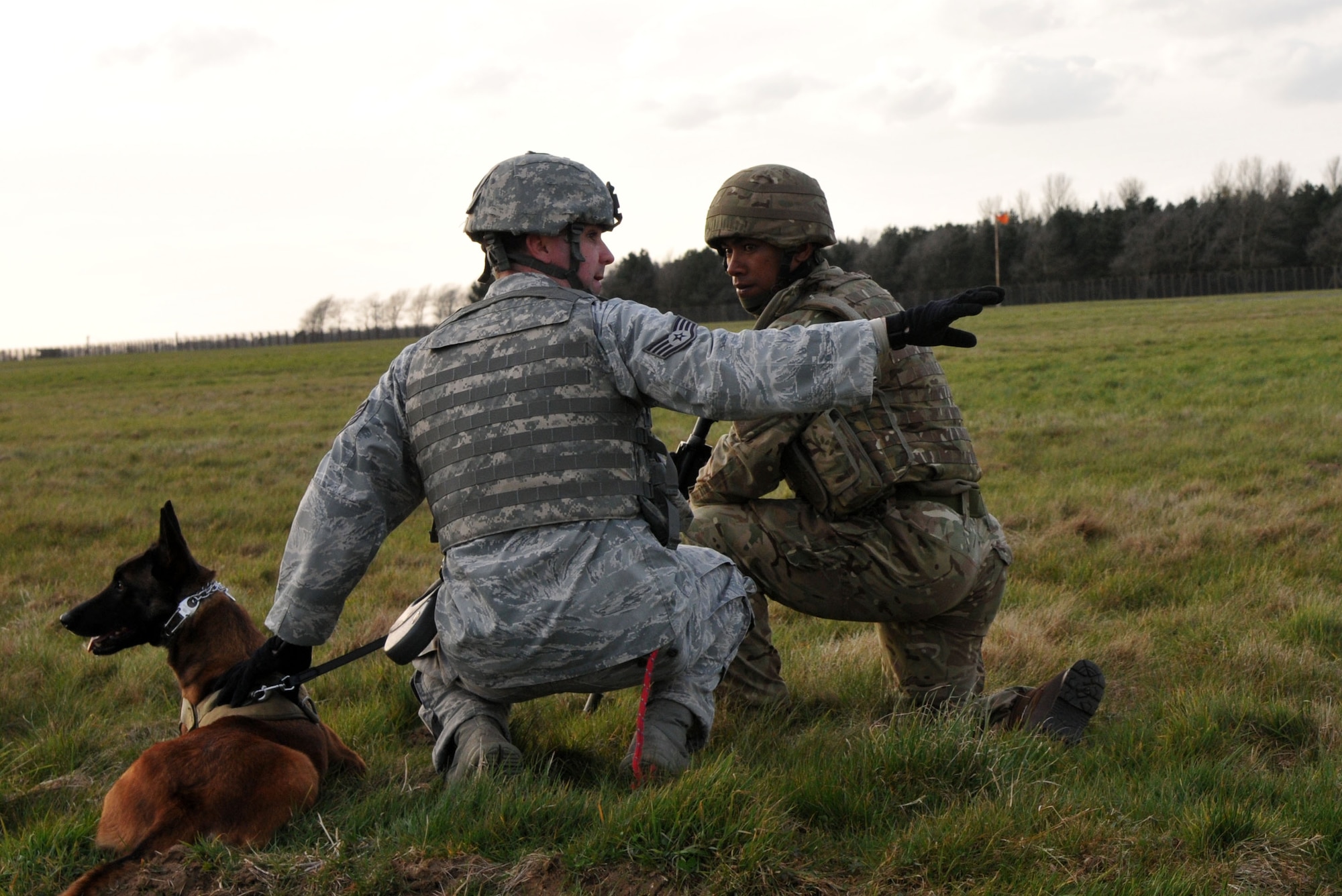 From left, Staff Sgt. Chirstopher Bieu,  100th Security Forces Squadron military working dog handler from Newington,  Conn., speaks to Tongan Defence Force Pvt. Fatafehi Tokomaata, Contingent 6, about how to react if a dog locates a bomb April 15, 2013, at RAF Honington, England. Members of the TDF trained with Airmen from the 100th Security Forces Squadron during a training exercise at RAF Honington. (U.S. Air Force photo by Airman 1st Class Kelsey Waters/Released)