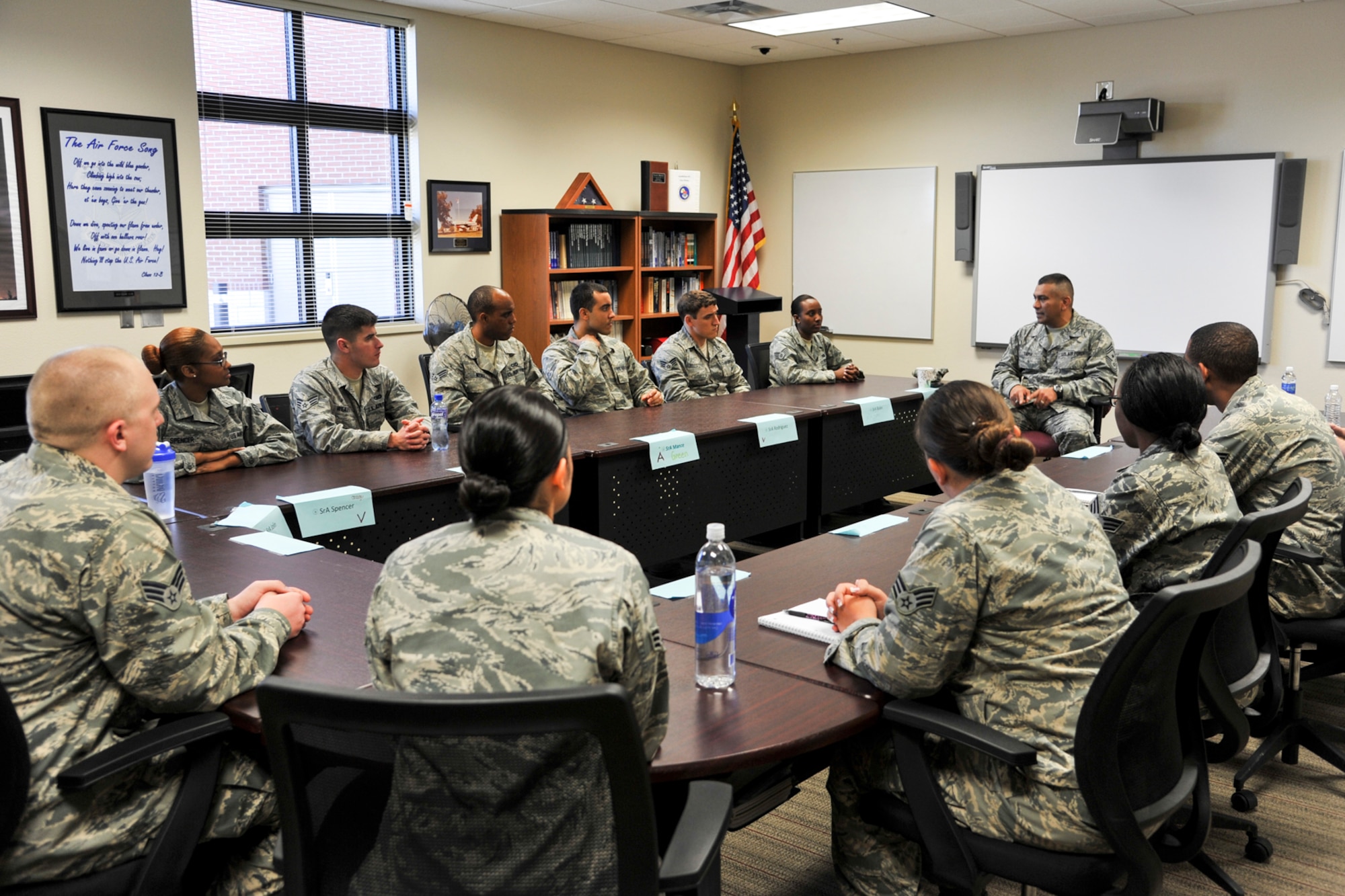 GOODFELLOW AIR FORCE BASE, Texas--Chief Master Sgt. Gerardo Tapia, Command Chief of Air Education and Training Command, talks to Airman Leadership School students at the Consolidated Learning Center April 11. The ALS students were able to get advice from Chief Tapia on becoming new supervisors and how to communicate with new Airmen. (U.S. Air Force photo/ Airman 1st Class Michael Smith)