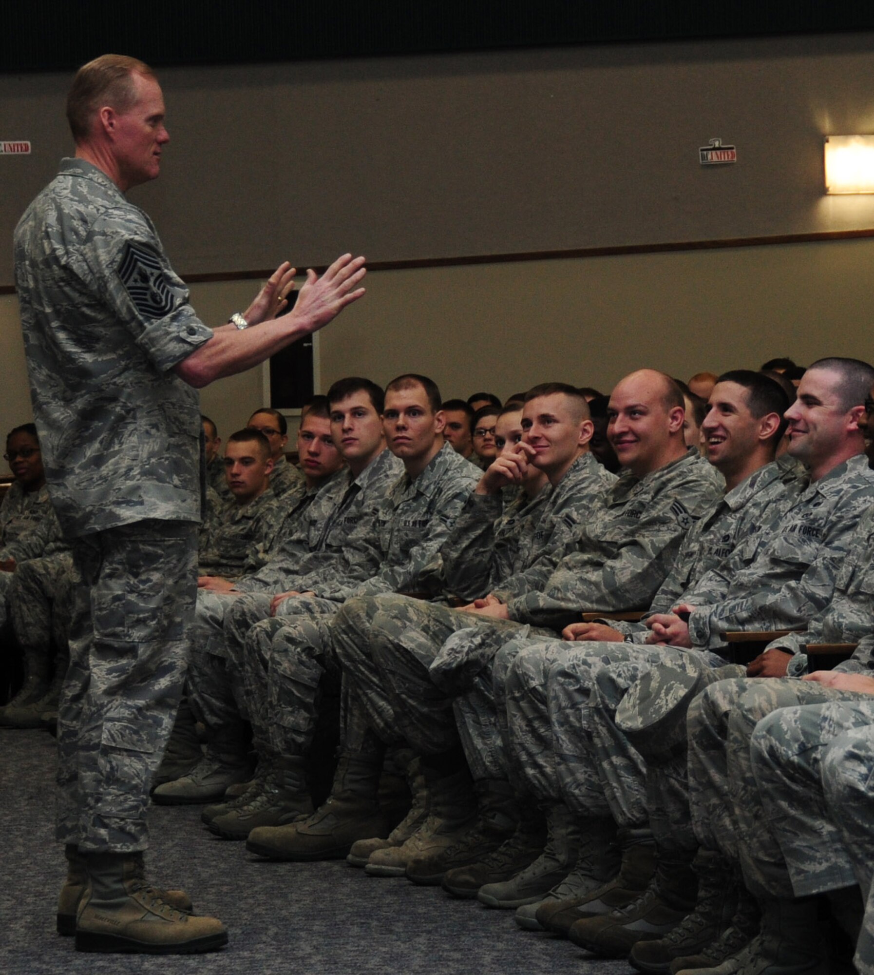 Chief Master Sgt. of the Air Force James Cody speaks to junior enlisted Airmen during an Airman's call April 12, 2013 at Joint Base Andrews, Md. Cody discussed Air Force issues including tuition assistance and the current fiscal environment. (U.S. Air Force
photo/Airman 1st Class Erin O'Shea)
