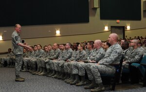 Chief Master Sgt. of the Air Force James Cody speaks to junior enlisted Airmen during an Airman's call April 12, 2013 at Joint Base Andrews, Md. Cody discussed Air Force issues including tuition assistance and the current fiscal environment. (U.S. Air Force
photo/Airman 1st Class Erin O'Shea)
