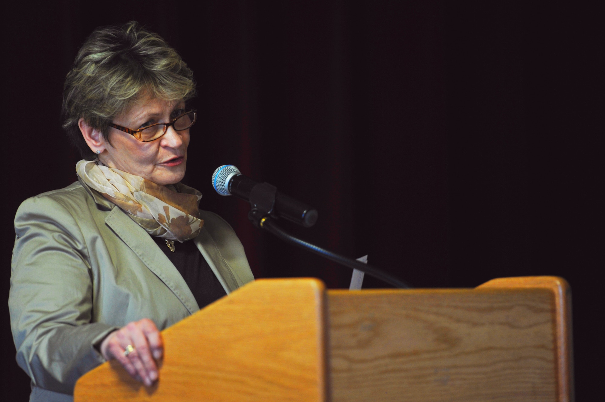 Marianne von Hagen-Baralt speaks during the Holocaust day of remembrance event at the Ramstein Community Center, April 12, 2013. Hagen-Baralt spoke about her grandfathers cousin, Albrecht von Hagen, who assisted with the assassination attempt on Adolf Hitler, and her experience on growing up in post-war Germany. (U.S. Air Force photo/Senior Airman Aaron-Forrest Wainwright)