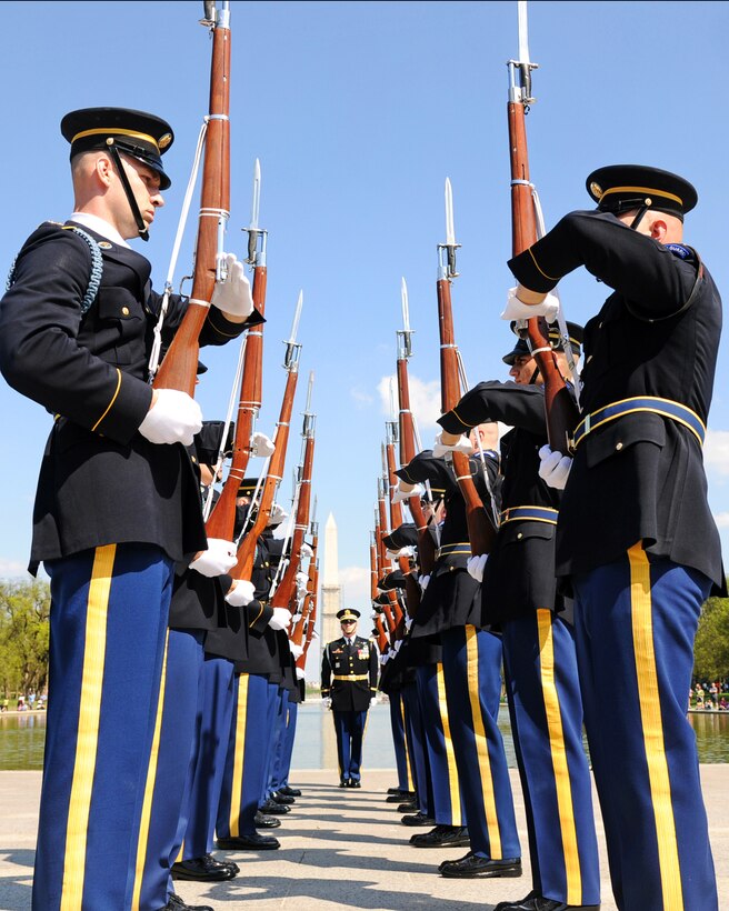 Members of the U.S. Army Drill Team, part of the 3d U.S. Infantry Regiment known as "The Old Guard," perform during an exhibition drill at the Lincoln Memorial in Washington, D.C., April 13, 2013.