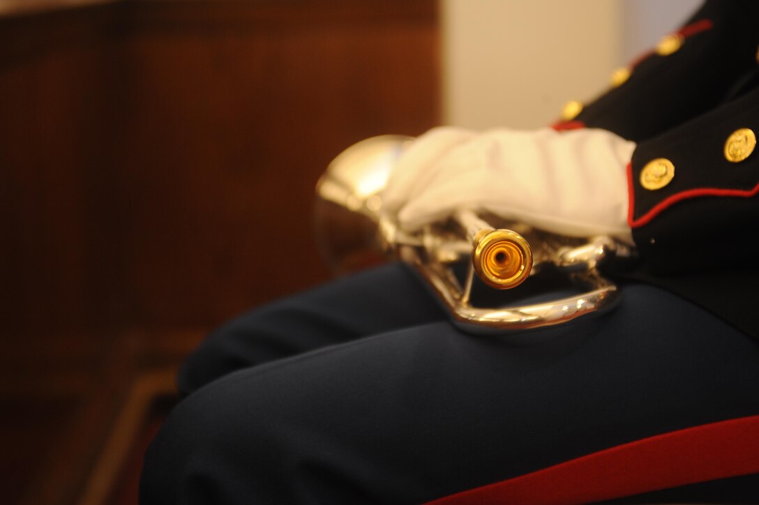 Cpl. Kyle Gould prepares to play taps during the Edson Raider's memorial service at the Memorial Chapel at Marine Corps Bse Quantico on April 13, 2013. The memorial service is part of the Raider’s 65th reunion.