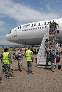 Georgia National Guard soldiers arrive in Tiblisi, Georgia in preparation for IMMEDIATE RESPONSE 2008, an international exercise to help build relationships with coaliton partners from several Eastern European nations. 