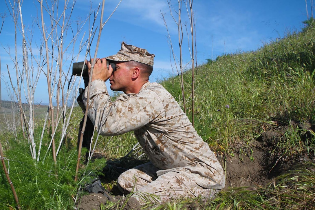 First Lieutenant Nicholas Wagner, a liaison officer serving with 2nd Battalion, 4th Marine Regiment, observes target positions from his concealed observation post before conducting a training and readiness examination during a live-fire exercise here, April 3, 2013. Wagner, a 31- year-old native of Adams, Wis., said concealment is one of the most important aspects of an observation post. Wagner and his forward observers are training to deploy with the 31st Marine Expeditionary Unit.