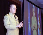 Adm. Michael Mullen, the chairman of the Joint Chiefs of Staff, tells 1,500 people gathered for the largest-ever National Guard Bureau Joint Family Program Volunteer Workshop and Youth Symposium in St. Louis, Mo., on July 21, 2008, that caring for wounded servicemembers and the families of those killed serving their country is a national responsibility. "In the end, it's America that can do this," Mullen says. "It's not DoD, and it's not the VA. We've all got to do this together."