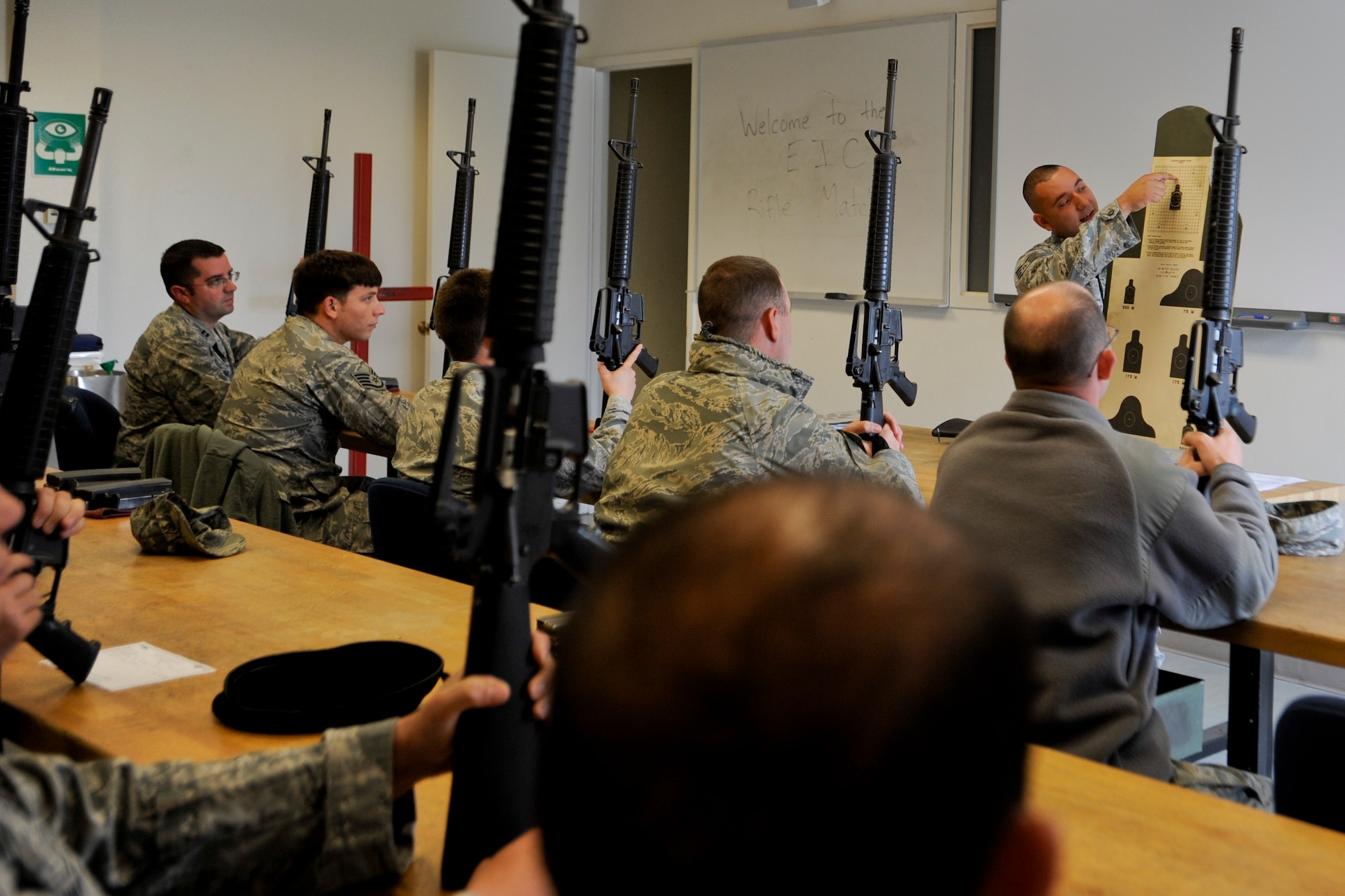 VANDENBERG AIR FORCE BASE, Calif. – Staff Sgt. Gino Carruitero, 30th Security Forces Squadron combat arms instructor, gives a safety and rules briefing before an Elementary Level Excellence Competition here Monday, April 15, 2013. The 30th SFS CATM instructors held a two day competition for rifles and pistols, which was open to all base military members willing to shoot. (U.S. Air Force photo/Airman Yvonne Morales)