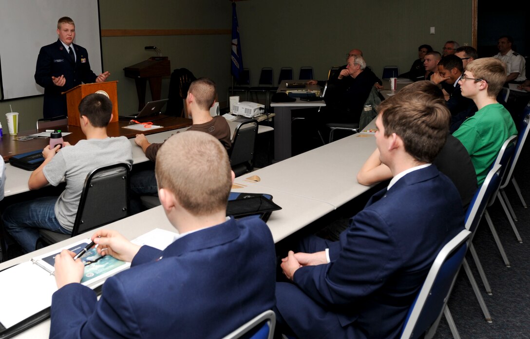 Cadet Chief Master Sgt. Silas Busch, Civil Air Patrol Rushmore Composite Squadron cadet command chief, delivers a speech about leadership to other cadets during a monthly meeting at Ellsworth Air Force Base, S.D., March 25, 2013. Busch has been a cadet with the CAP for four years, and spoke about how, “one must be a good follower to be a good leader.” (U.S. Air Force photo by Airman 1st Class Anania Tekurio/Released) 