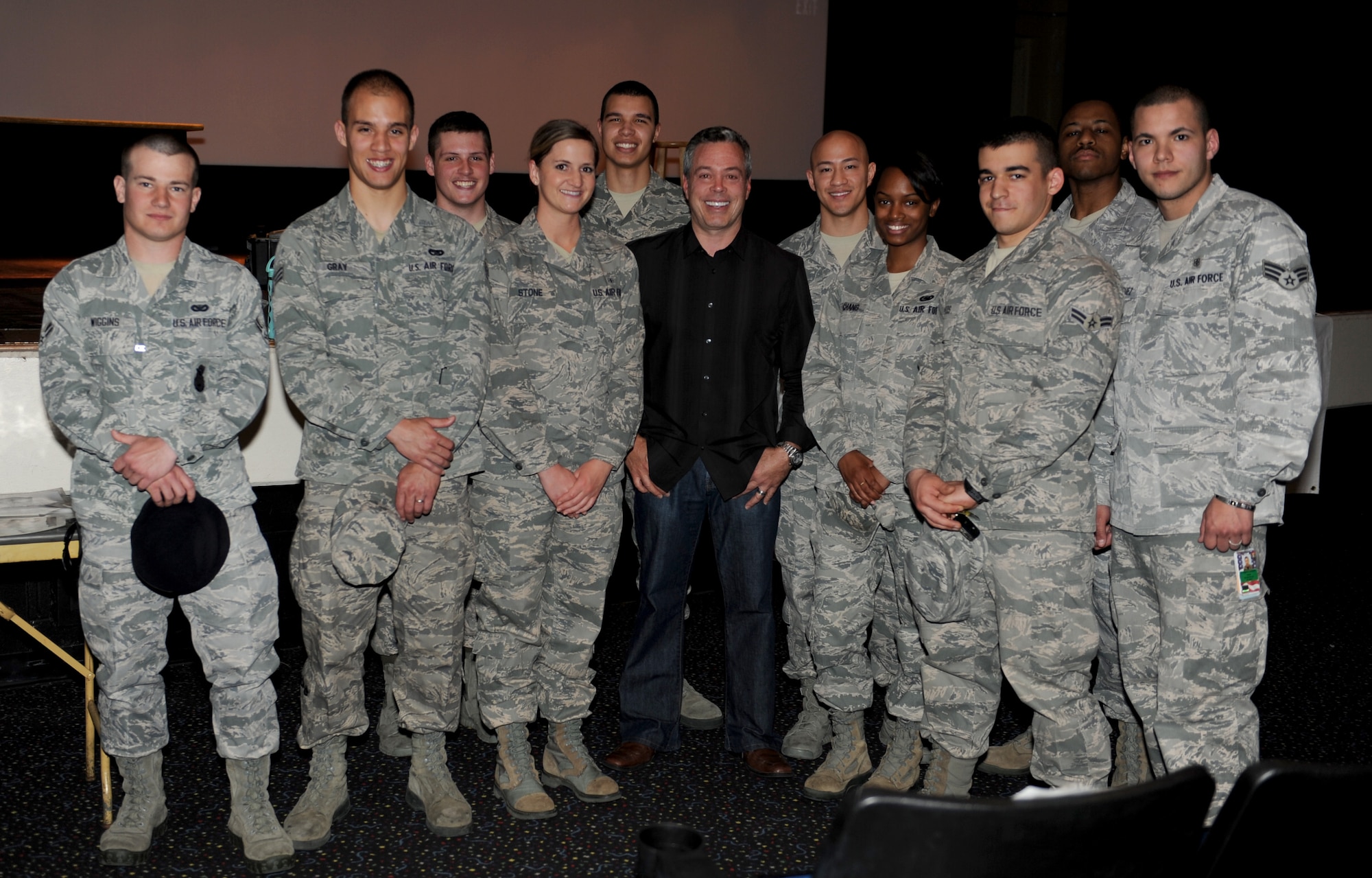 Bernie McGrenahan meets with 375th Air Mobility Wing Airmen following his "Happy Hour" comedy tour April 11 at the base auditorium. After the show, McGrenahan talked with Airmen who stayed after his performance and listened to their stories.  McGrenahan said that even though he had never served in the military, he is thankful for the sacrifices U.S. service members make every day. (U.S. Air Force photo/Staff Sgt. Maria Bowman)